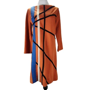 Vintage 60s GoGo Dress Size L Orange Mondrian Shift Wool Blend Knit Wearable Art - Picture 1 of 16