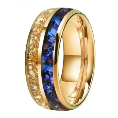 6/8MM Men And Women Tungsten Carbide Ring Dome Double Groove Gold Crystal Nebula - Image 1 of 4