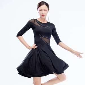 Lady Mesh Latin Dance Dress Ballroom Tango Dancewear Swing Stretch See Through - Picture 1 of 10