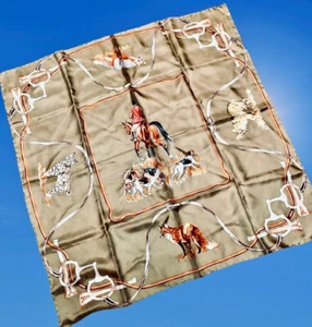 Vintage Reitsport Seidentuch Fuchs Jagdhunde Horn Pferd Gebisse Korea 34" sq - Bild 1 von 15