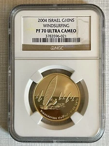 Israel 2004 Windsurfing 10 New Sheqalim Gold Coin NGC PF70 ULTRA CAMEO Sku# 1668 - Picture 1 of 2