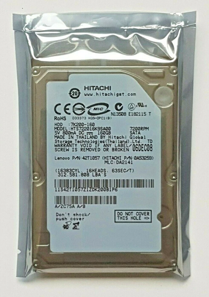 160 GB SATA Hitachi 7K200-160 HTS722016K9SA00 7200RPM 16MB 2,5 " Hard Drive New - Image 1 of 1