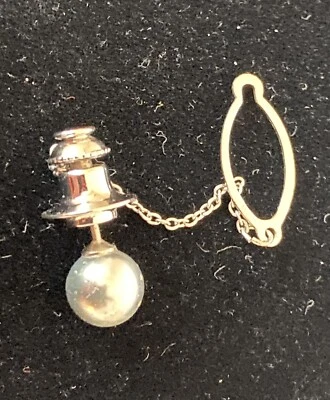 Vtg Faux Pearl Silver Tone Setting Neck Tie Tack  with Chain Lapel Pin - Image 1 of 2
