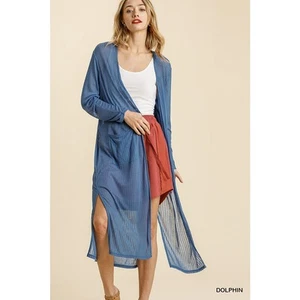 Umgee Blue Sheer Open Front Long Cardigan Ribbed Duster Pockets Side Slits, Sz S - Picture 1 of 5