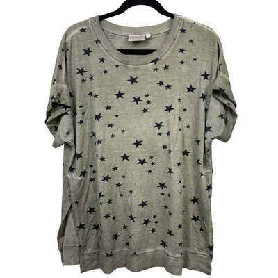 Blusa Top Dantelle Mujer Estampado de Estrellas Manga Corta Aberturas Laterales Verde Oliva Talla 1X Foto 1 de 4