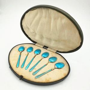 JUEGO DE 6 CUCHARAS DE CAFÉ PLATA ESTERLINA ESMALTE BIRMINGHAM 1924 HENRY MATTHEWS - Imagen 1 de 10