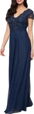 Vestido corpete Alex Evenings azul marinho bordado lantejoulas renda tamanho 12 $219 - Imagem 1 de 2