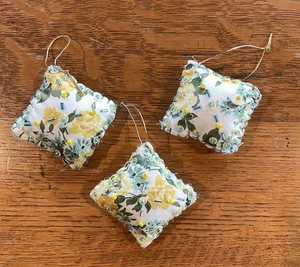 SET OF 3 Pretty Cottage Core Aqua & Yellow Floral Square Holiday Ornaments - Picture 1 of 2