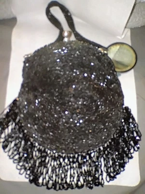 Rare Antique 1920s black Micro beaded Evening Purse, Bag, Tassels WALBORG. READ: - Image 1 of 4