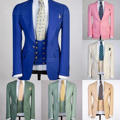 Peak Lapel Men's Suit 3Pcs Business Formal Groom Jacket Tuxedo Party Prom Blazer - Image 1 of 4