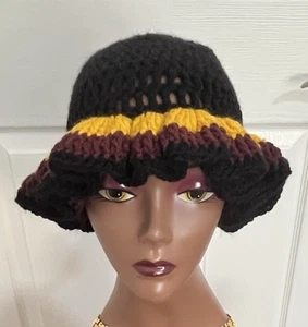 Handmade Crochet Ruffle Hat - Burgundy, Gold, and Black - Picture 1 of 10