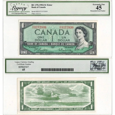 $1 1954 Bank of Canada Note Mismatched Serial Number Error BC-37b - Legacy EF-45 - Imagem 1 de 3