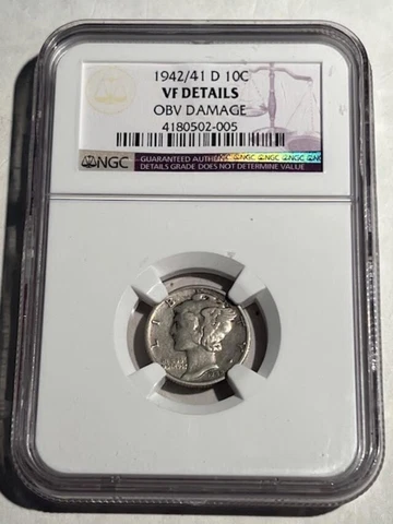 Rare 1942/41 D Mercury Dime RD Error.NGC Graded.PLUS Mint Damaged.FREE Ship Cover