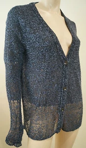 RAG & BONE Blue & Black Silk Blend V Neck Long Sleeve Sheer Hem Cardigan Top M - Picture 1 of 6