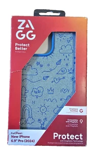 NEW ZAGG London Snap Case for iPhone 16 Pro Max Blue Embroidered Doodle Design - Picture 1 of 4