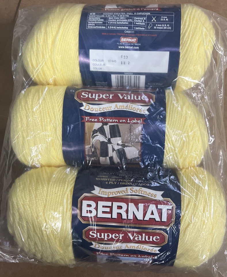Bernat Super Value Lot Of 3  Yellow Color Skeins 5mm Shrink Proof 382 Yds Each  - Image 1 of 1
