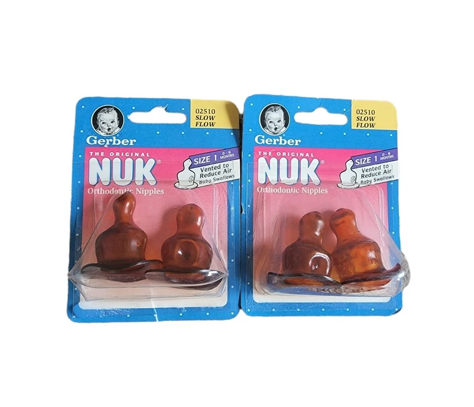 Lote de 2 pezones ortodoncia de látex Gerber NUK talla 1 vintage 1997 flujo lento bebé Foto 1 de 3