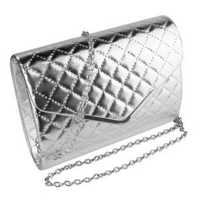 Women Silver Small Quilted Faux Leather Evening Clutch Chain Shoulder Purse Bag - Picture 1 of 12