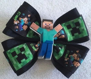 Girls Hair Bow 4" Wide Gamer Inspired Black Green Scene Flatback French Barrette - Picture 1 of 2