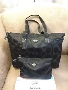 COACH Large Black Signature Nylon Weekender Tote Packable Travel Bag w Pouch COA