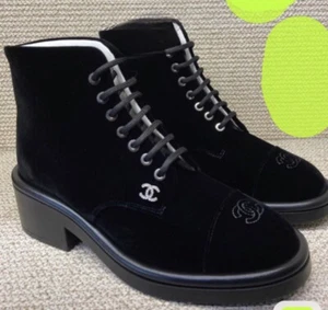 Chanel Black Velvet CC Combat Ankle Boots - Picture 1 of 8