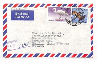 SELLO DE MANO REGISTRADO St Kitts AVES AÉREAS COMERCIALES {samwells-covers} 1981 UU456 Foto 1 de 3