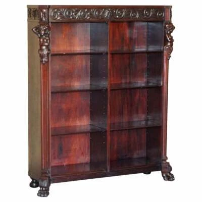 LOVELY CIRCA 1900 HAND CARVED LIBRARY BOOKCASE IN MAHOGANY WITH HERM STATUES - Image 1 of 4