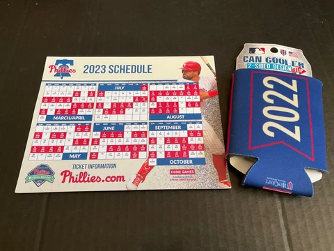 PHILLIES~2023 MAGNET MAGNETIC SCHEDULE & KOOZIE 2022 NATIONAL LEAGUE CHAMPIONS Cover