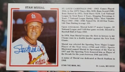 Stan Musial Signed Autographed 3x5 Stat Card St Louis Cardinals HOF Cards - Image 1 of 3