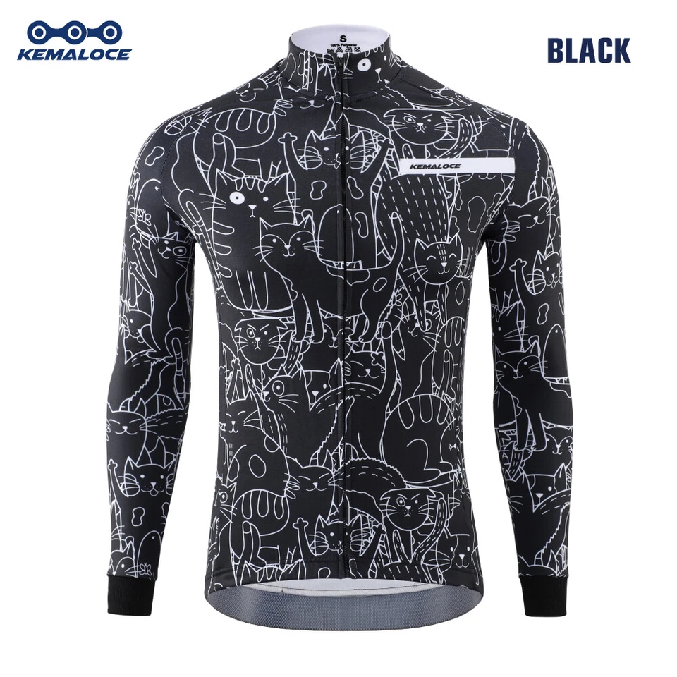 KEMALOCE Cycling Jackets Long Sleeve Men Winter Fleece Whit&Black Bike Jersey - Image 1 of 4