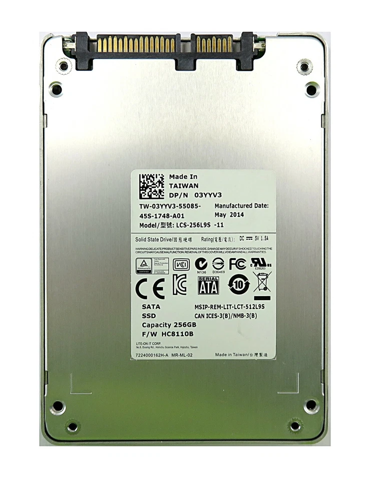 LiteOn 03YYV3 256GB SSD 2.5" SATA Model: LCS-256L9S DP/N: 3YYV3 - Image 1 of 1