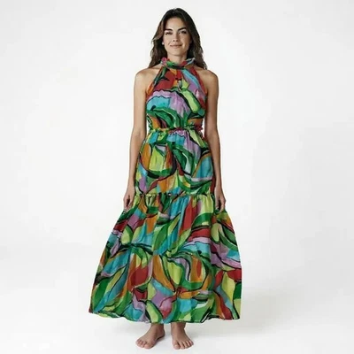 NOVO Vestido Maxi Nicole Miller Tropical Abstrato Halter Tiered Chiffon Pequeno - Imagem 1 de 4