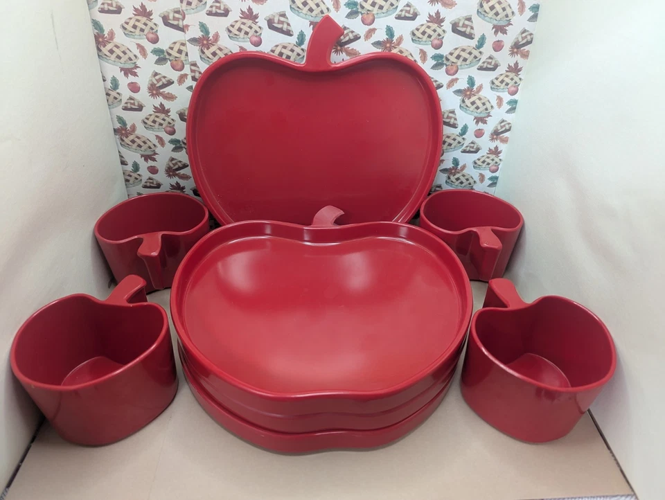 VINTAGE Crate & Barrel Apple Shaped Plates&Cups/Bowls Set of 4 Plastic EUC RARE - Image 1 of 4