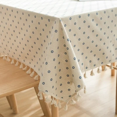 Blue Daisy Pattern Tablecloth 140x160cm Polyester Cotton with Lace Fringe Edge - Image 1 of 4
