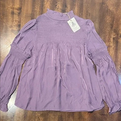 Easel Ruffle Blouse Purple Mauve Smocked Top - Size S NWT - Image 1 of 4