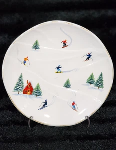 2 Grace Teaware WINTER SKI SLOPE Salad Dessert Plates 8.75" Stoneware Cabin Snow - Picture 1 of 10