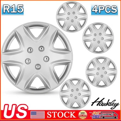 Juego de 4 cubiertas de rueda plateadas de 15" tapacubos completos a presión para neumáticos R15 y llantas de acero Foto 1 de 4