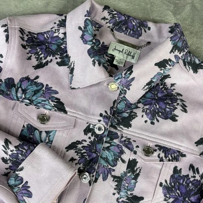 Joseph Ribkoff Jacket Womens Large Purple Faux Suede Floral Trucker Button Front - Image 1 of 4