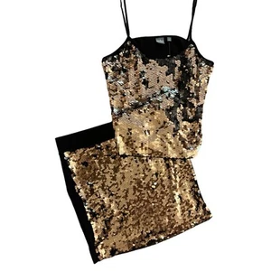 NEW 2 Pc Big Gold Sequin Tank Mini Skirt M Party Glam Cocktail Date Sexy Holiday - Picture 1 of 11