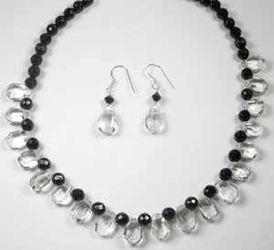 Necklace & Earring Set  Crystal Quartz & Onyx Sterling Silver Mother of Bride - Picture 1 of 1