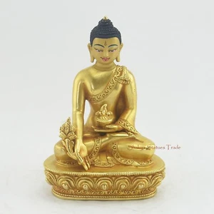 Gold Detailed Hand Carved Medicine Buddha Menla Copper Statue from Patan, Nepal - Picture 1 of 4