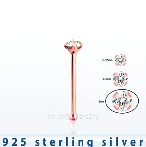 2pcs. 22G 2mm CZ Prong Set 18K Rose Gold Plated .925 Sterling Silver Nose Bone - Picture 1 of 1