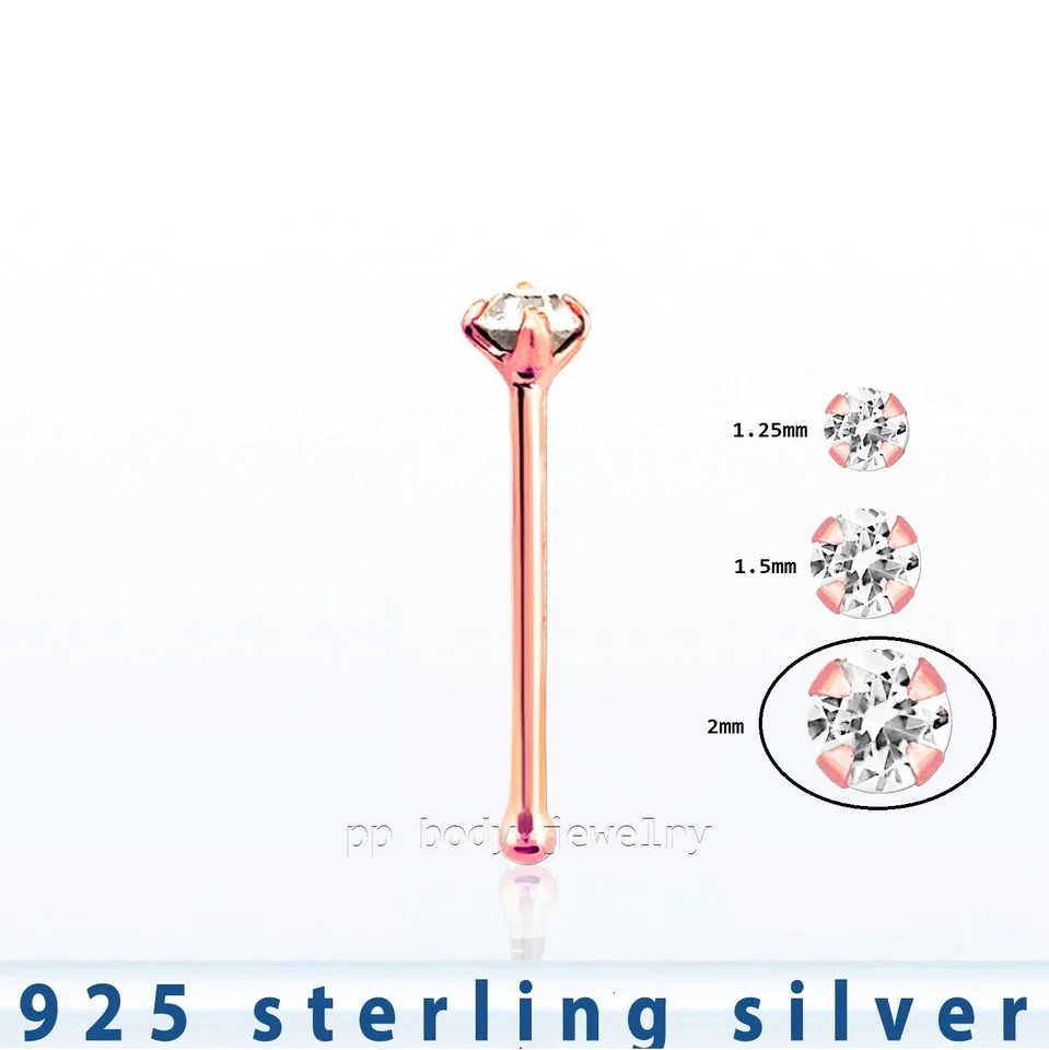 2 piezas. Juego de puntas 22G 2 mm circonita cúbica chapado en oro rosa de 18 quilates plata de ley .925 hueso de nariz Foto 1 de 1