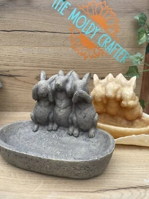 Rubber Latex Mould 3 wise hare bird bath mold garden rabbit ornament LAST ONE - Image 1 of 4