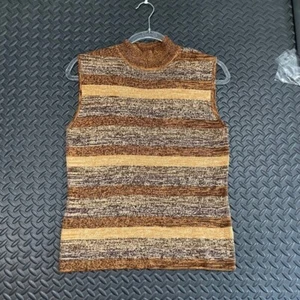 Vintage Sag Harbor Brown Stripped Acrylic Blend Mock Neck Vest Women's Size M - Picture 1 of 6