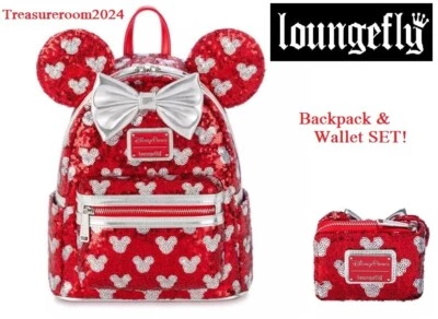 LOUNGEFLY Disney PARKS Minnie Mouse Sequined Backpack & Wallet SET! NEW! - Image 1 of 4