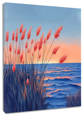 Pink Wildflower Sunset Blue Ocean Abstract Wall Art for Bathroom Living Room - Image 1 of 4
