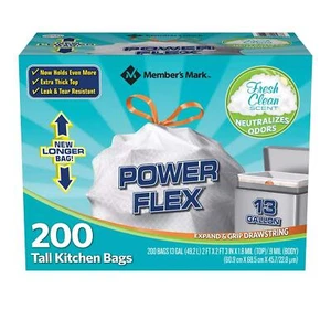 Member's Mark Power Flex Tall Kitchen Drawstring Trash Bags (13 Gallon, 2 Rolls - Picture 1 of 4