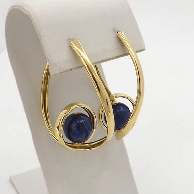 Solid 18k Gold Blue Lapis Bead Orbital Hoop Earrings Large Italy 750 11gr - Image 1 of 4