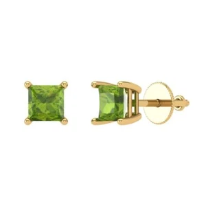 1.0 Princess Cut Solitaire Classic Stud Real Peridot Earrings 14k Yellow Gold - Picture 1 of 11